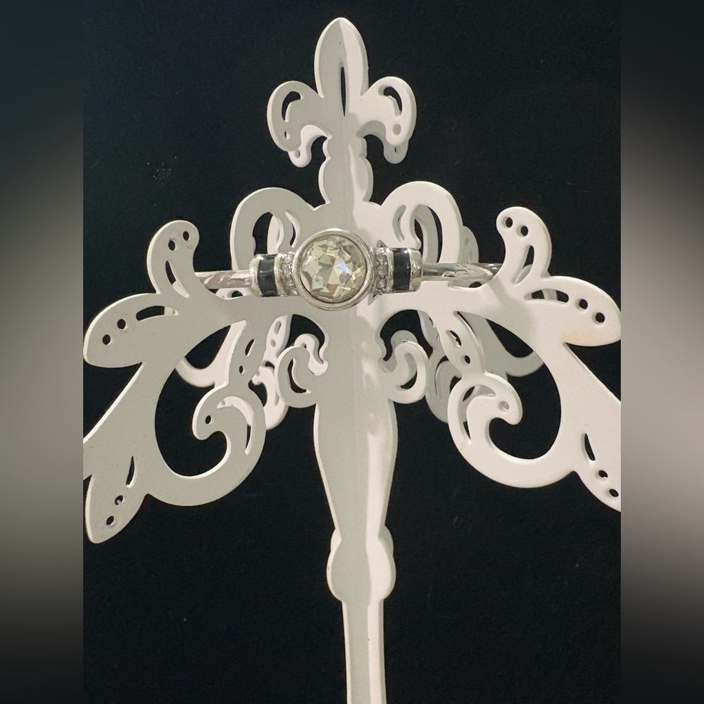 Fancy Silver Toned Bangle Bracelet with Clear Gemstone